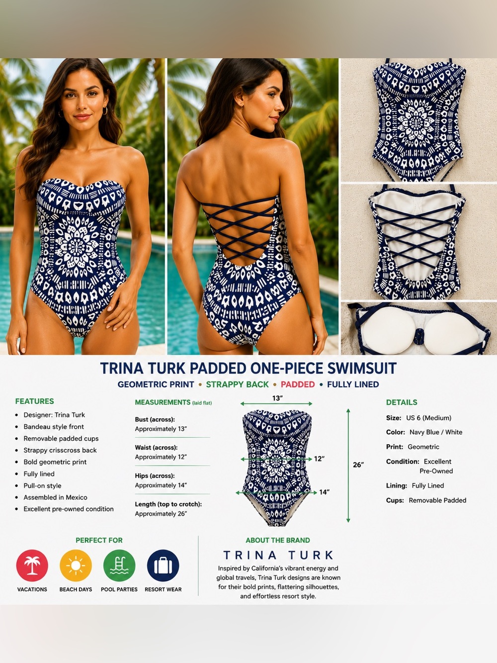 Trina Turk One Piece Size 6 Blue White Geometric Print Padded Strappy Back